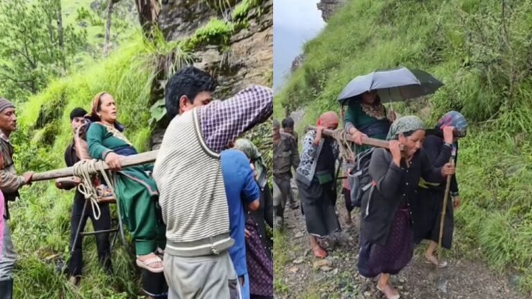 गर्भवती को डंडी के सहारे अस्पताल ले जाते ग्रामीण